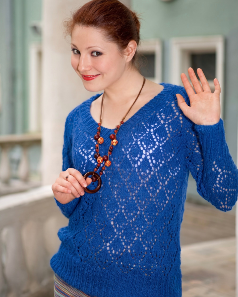 Raglan-Pulli mit Ajour-Rautenmuster