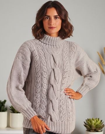 Rollkragenpullover mit Zopf- und Ajour-Blattmuster