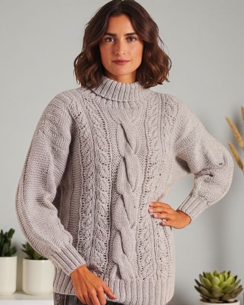 Rollkragenpullover mit Zopf- und Ajour-Blattmuster